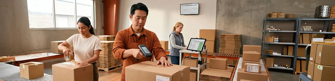 Fulfillment team actively processing integrated marketplace orders on warehouse floor Fulfillment team actively processing integrated marketplace orders on warehouse floor