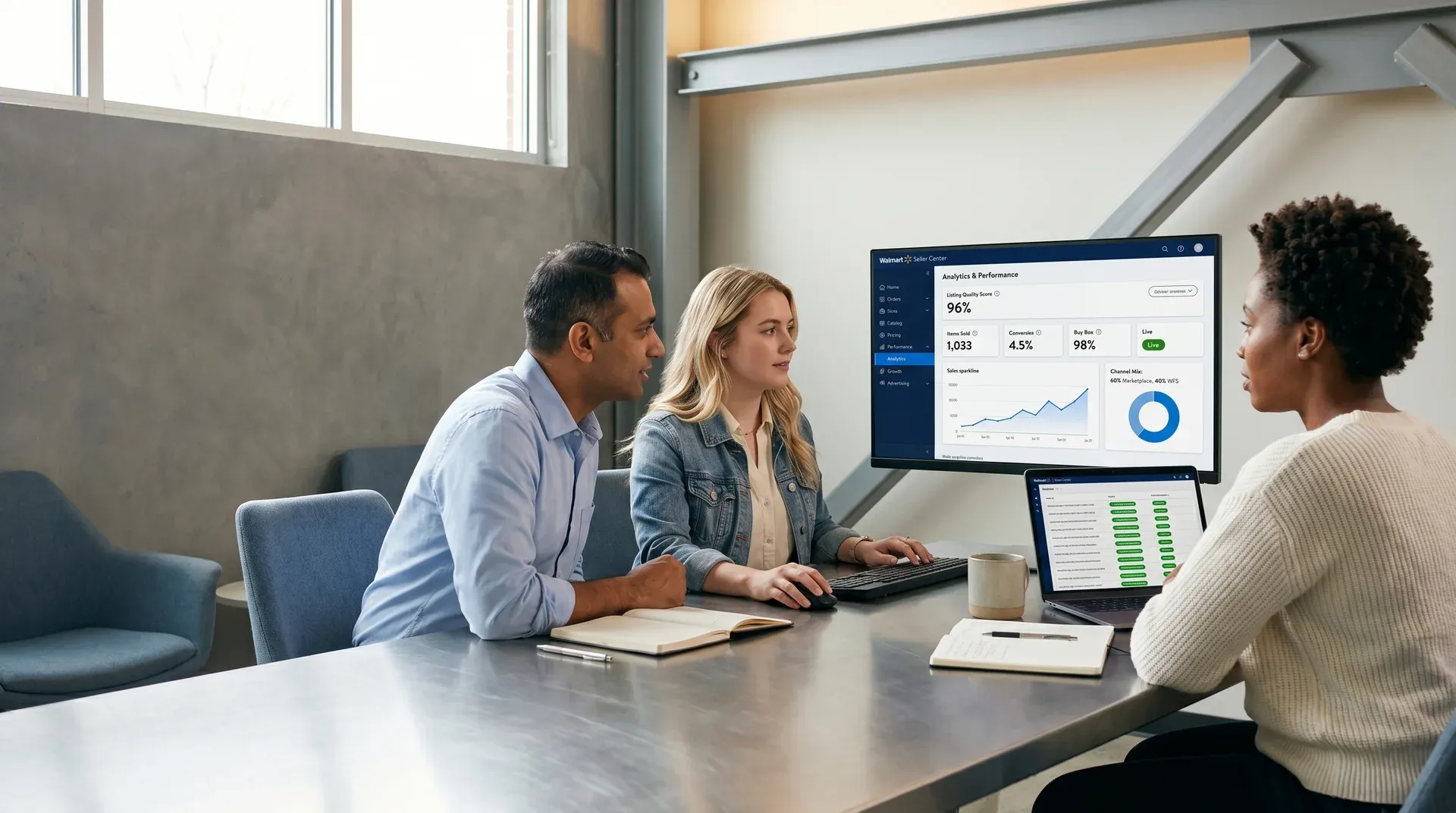 Ecommerce operations team monitoring automated multichannel order sync across multiple screens, natural light Ecommerce operations team monitoring automated multichannel order sync across multiple screens, natural light