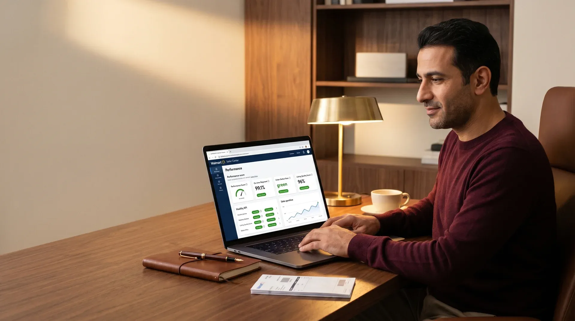 Ecommerce merchant reviewing Walmart marketplace orders on laptop at fulfillment desk, warm natural light