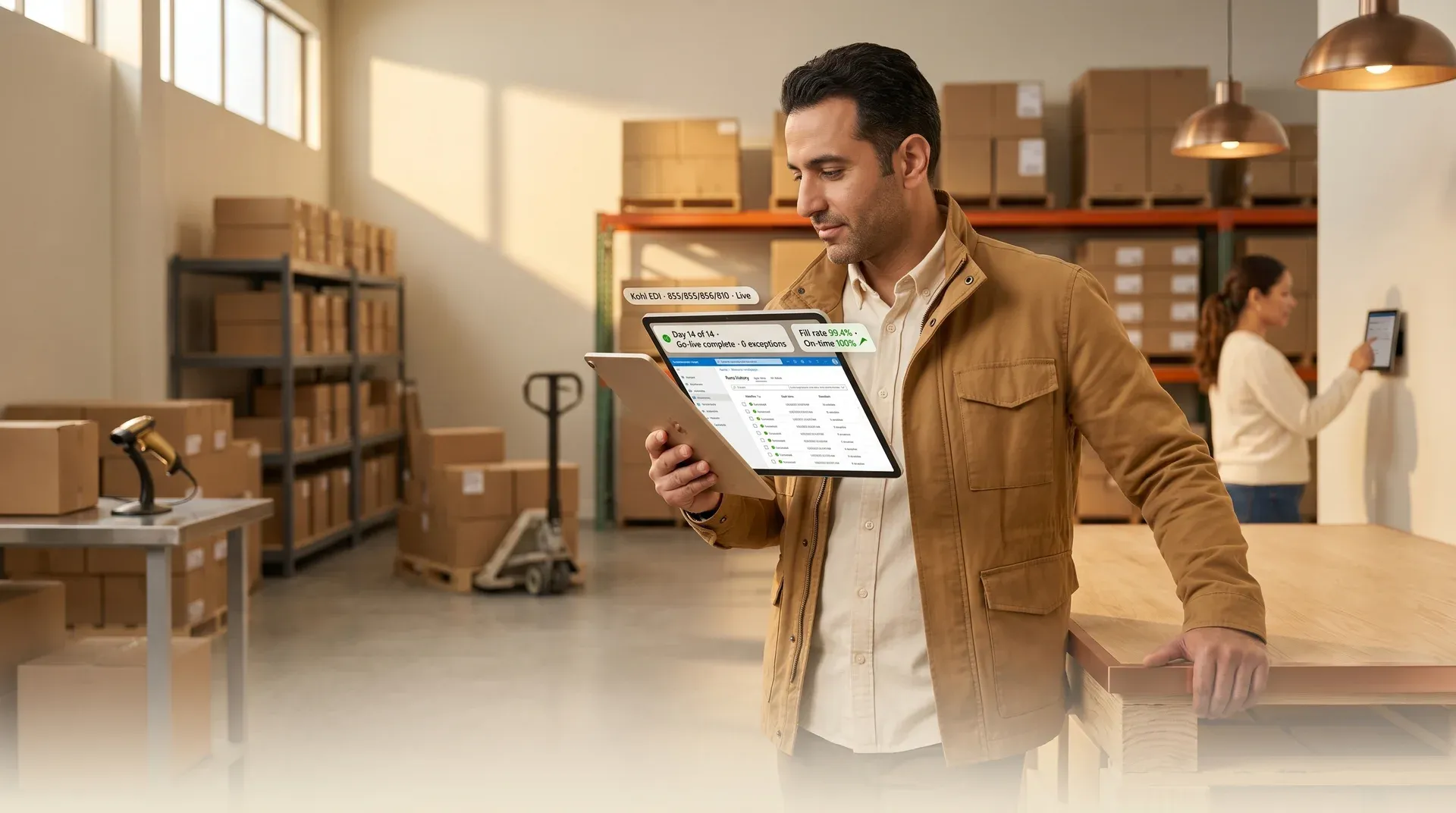 Integration consultant reviewing Kohl supplier data on tablet in warehouse setting, natural light Integration consultant reviewing Kohl supplier data on tablet in warehouse setting, natural light