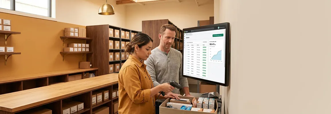 Operations manager reviewing Lowe's seller dashboard on monitor, morning natural light