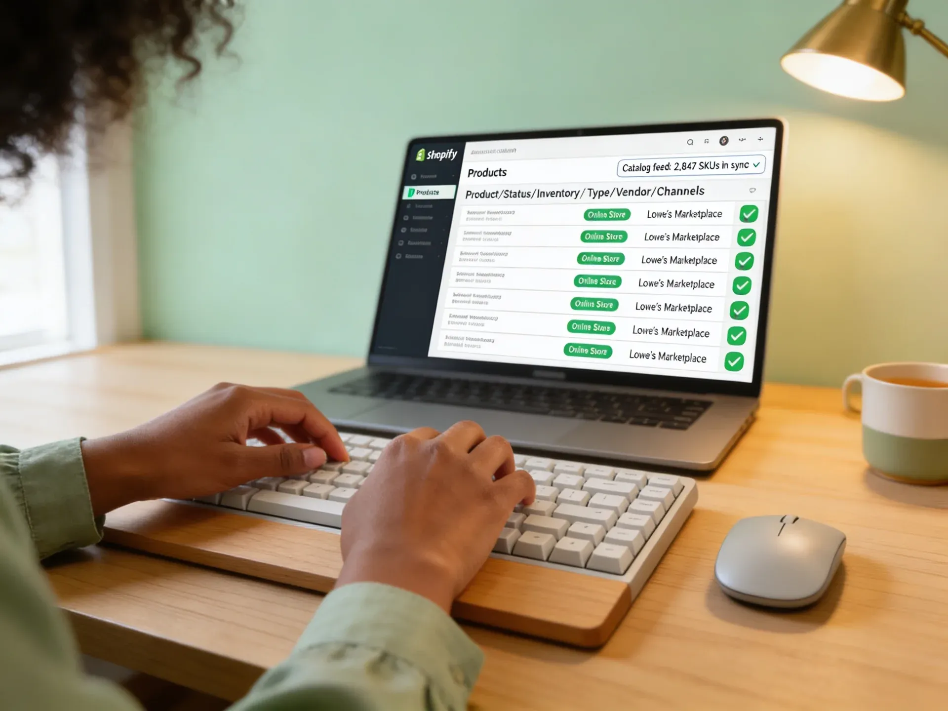 Product catalog sync across Shopify and Lowe's marketplace on laptop screen