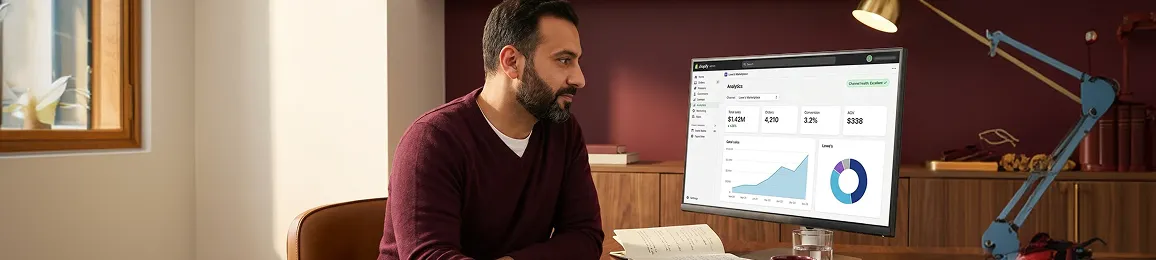 Ecommerce analyst reviewing Lowe's integration performance report at desk, warm office light