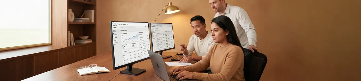 Ecommerce analyst reviewing live multi-channel inventory sync report on laptop screen, focused expression Ecommerce analyst reviewing live multi-channel inventory sync report on laptop screen, focused expression