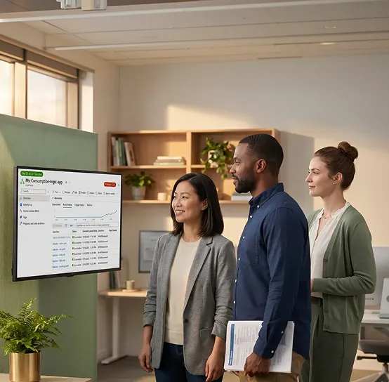 Integration team reviewing first successful live Rakuten data sync on shared screen, relief visible