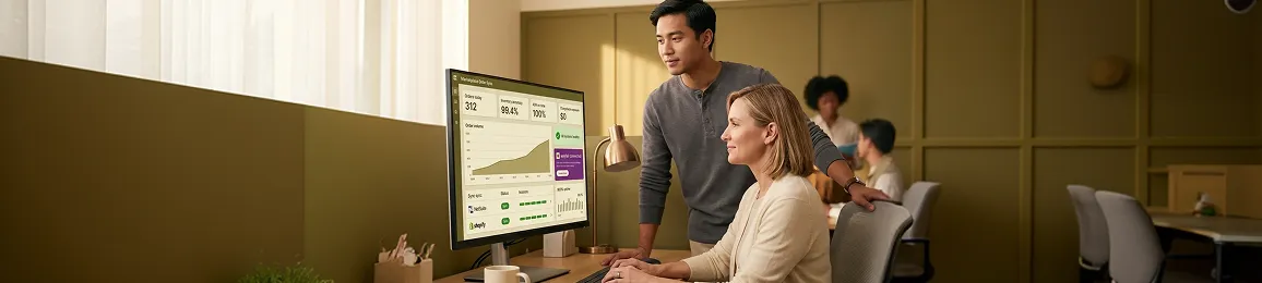 Small operations team reviewing live Wayfair order and inventory metrics on a shared monitor after integration go-live