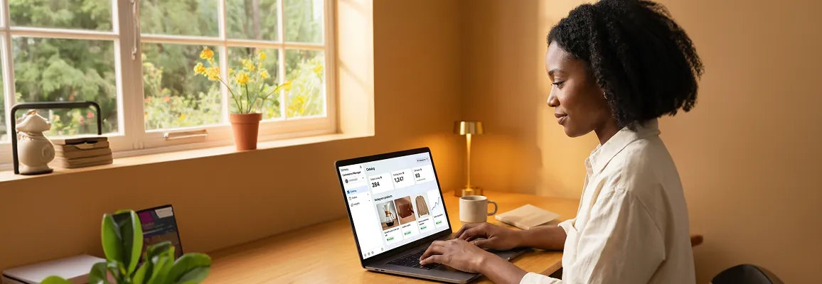 Merchant reviewing Instagram product catalog and incoming orders on laptop in a bright workspace