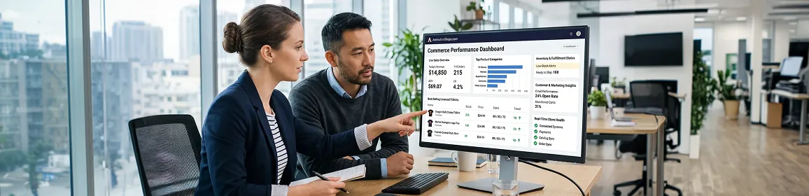 Ecommerce brand team reviewing social commerce analytics dashboard after successful channel integration