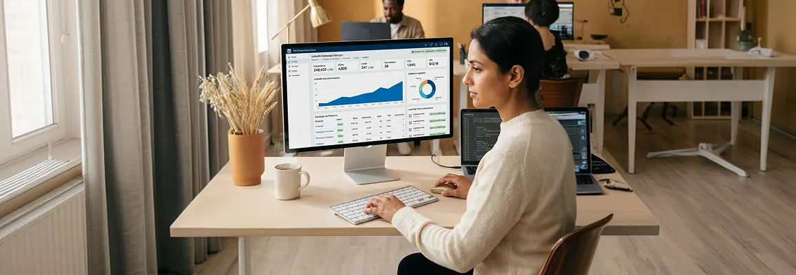 Marketing analyst reviewing LinkedIn integration campaign performance dashboard Marketing analyst reviewing LinkedIn integration campaign performance dashboard