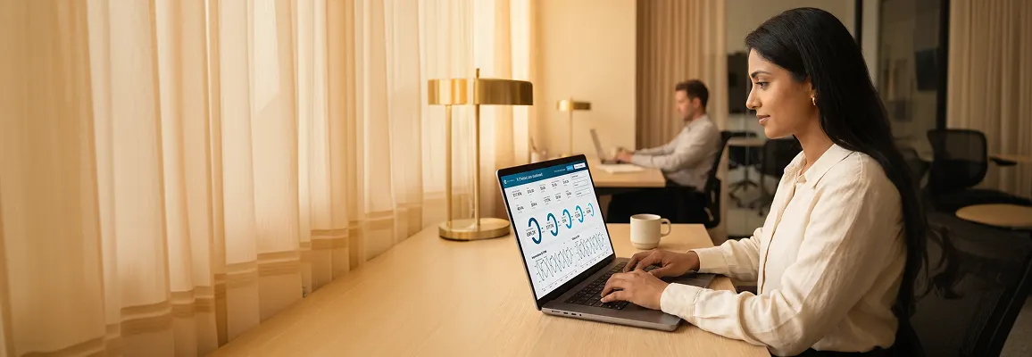 Ecommerce brand manager reviewing Twitter social commerce analytics on laptop with natural window light Ecommerce brand manager reviewing Twitter social commerce analytics on laptop with natural window light