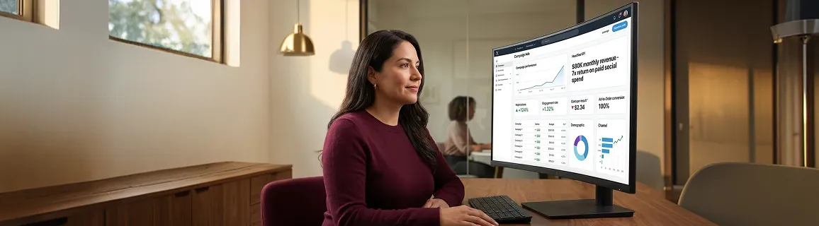 Social commerce manager reviewing Twitter integration analytics results on monitor with natural office light Social commerce manager reviewing Twitter integration analytics results on monitor with natural office light