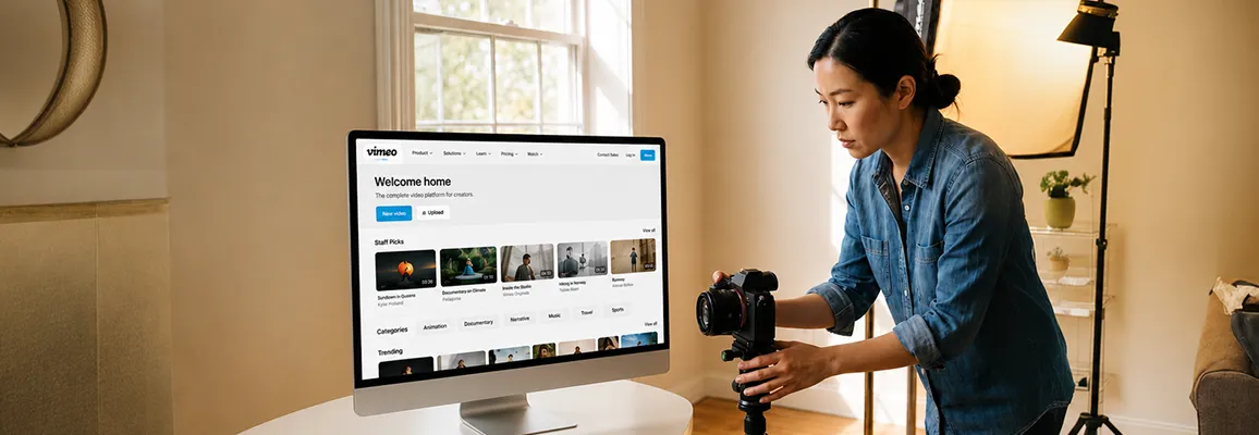 Brand videographer shooting a product on a lit set, framing the shot through a Vimeo-bound camera Brand videographer shooting a product on a lit set, framing the shot through a Vimeo-bound camera