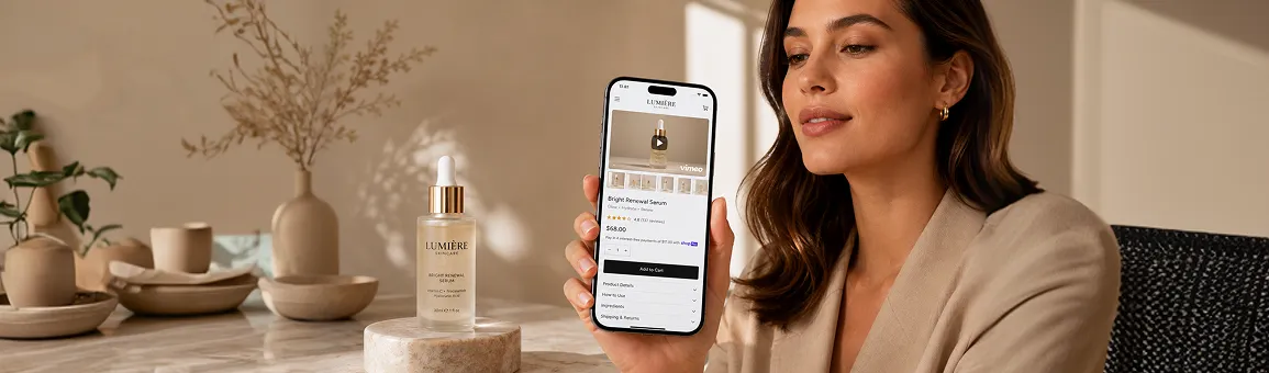 Skincare founder reviewing a live product page video on her phone in her studio Skincare founder reviewing a live product page video on her phone in her studio