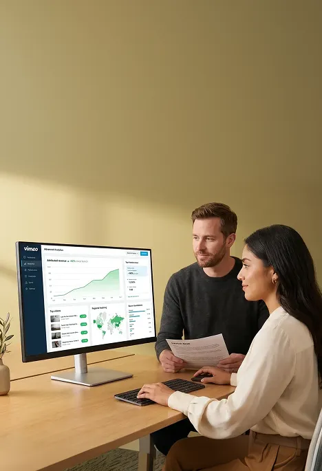 Two-person ecommerce team watching live attributed-revenue numbers climb on a dashboard the morning of launch