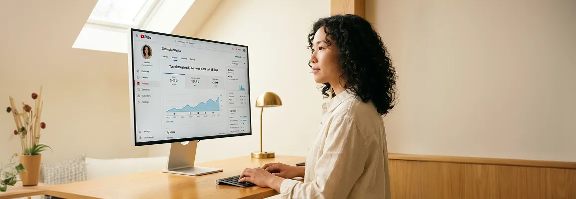 Ecommerce merchant reviewing YouTube channel analytics dashboard at standing desk in natural morning light Ecommerce merchant reviewing YouTube channel analytics dashboard at standing desk in natural morning light