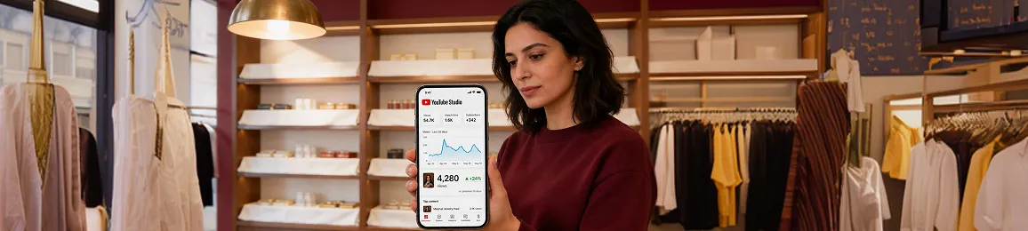 Store owner reviewing live YouTube integration performance metrics on mobile device in retail setting Store owner reviewing live YouTube integration performance metrics on mobile device in retail setting