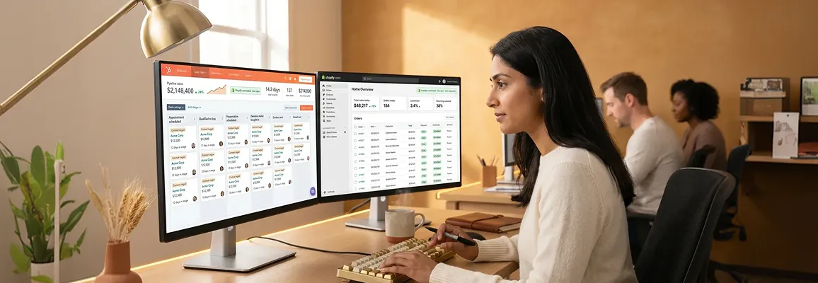 revenue operations lead reviewing live Shopify orders on one screen and a HubSpot deal pipeline on another, side-by-side in a daylit workspace revenue operations lead reviewing live Shopify orders on one screen and a HubSpot deal pipeline on another, side-by-side in a daylit workspace