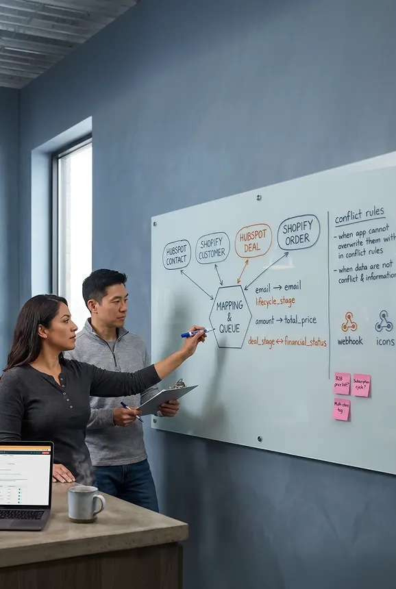 Integration architect at a whiteboard sketching contact-to-customer object mapping with a teammate reviewing field-level notes Integration architect at a whiteboard sketching contact-to-customer object mapping with a teammate reviewing field-level notes