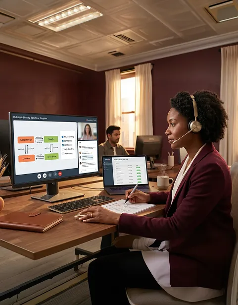 Solutions architect on a working call gesturing toward a draft HubSpot Shopify data-flow diagram on screen
