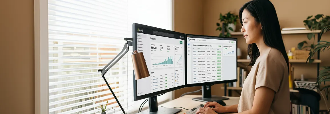 Operations manager reviewing live Shopify and NetSuite integration sync on dual monitors Operations manager reviewing live Shopify and NetSuite integration sync on dual monitors
