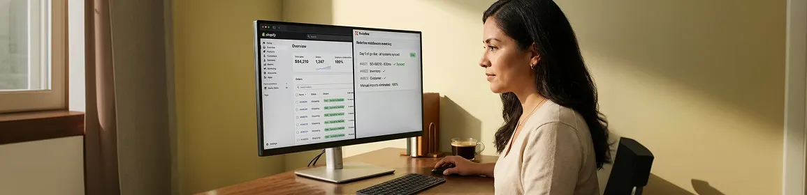 Operations lead reviewing integrated Shopify and NetSuite dashboard at go-live, natural morning light Operations lead reviewing integrated Shopify and NetSuite dashboard at go-live, natural morning light