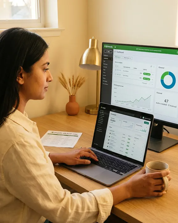 Shopify store owner reviewing orders on Shopify admin and QuickBooks side by side at home office desk, natural light, focused Shopify store owner reviewing orders on Shopify admin and QuickBooks side by side at home office desk, natural light, focused