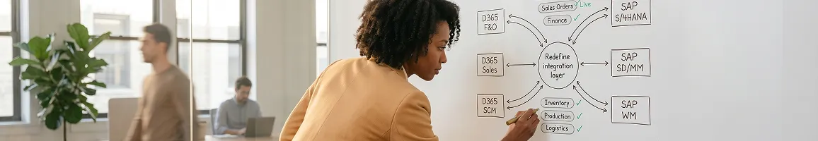 Enterprise integration architect reviewing Dynamics 365 and SAP integration domain diagrams at whiteboard, natural light
