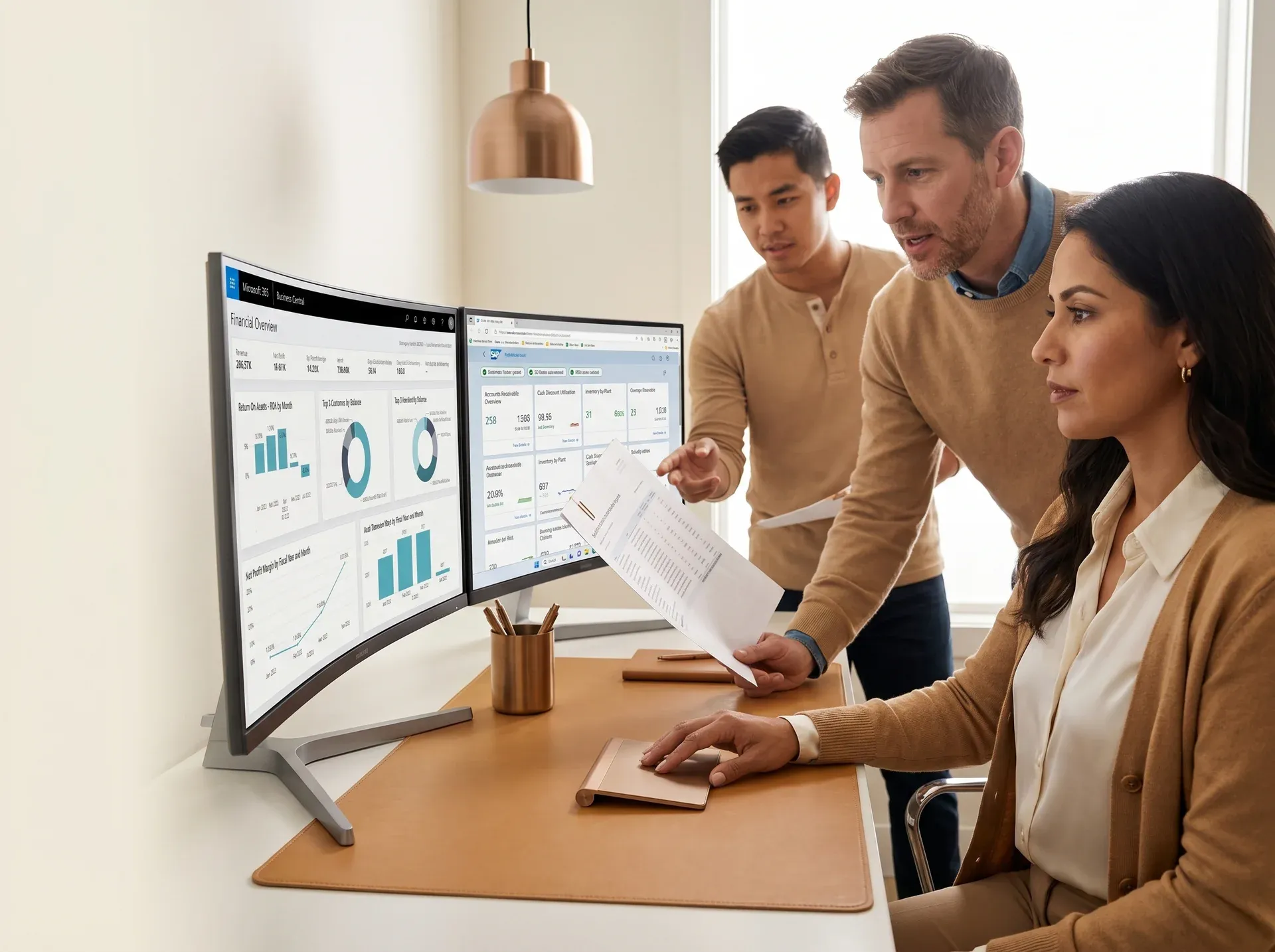 Enterprise ERP integration team reviewing Dynamics 365 and SAP cross-system data reports at large monitors, natural side light