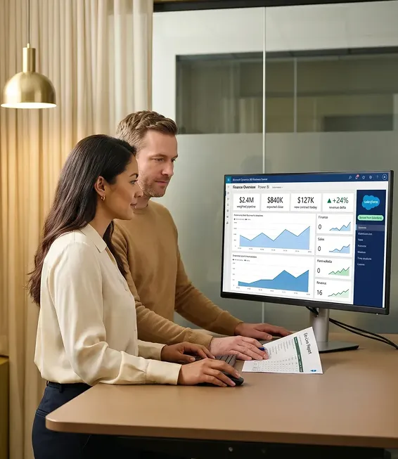 Sales and finance team reviewing integrated Salesforce and Dynamics 365 real-time data on shared dashboard screen, natural light Sales and finance team reviewing integrated Salesforce and Dynamics 365 real-time data on shared dashboard screen, natural light