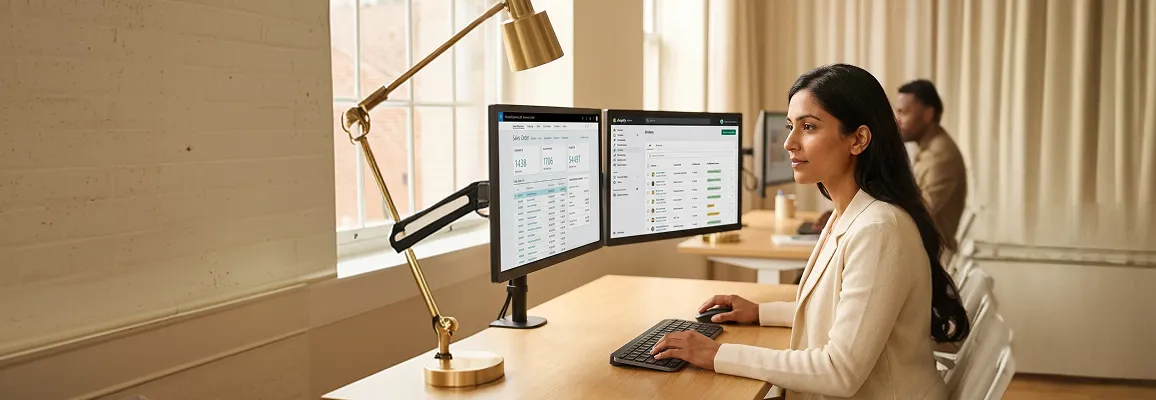 Operations lead reviewing live ERP and ecommerce sync dashboard with order and inventory data on dual screens, natural window light Operations lead reviewing live ERP and ecommerce sync dashboard with order and inventory data on dual screens, natural window light