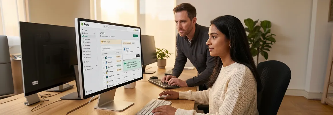 Order fulfilment operations team at workstations with multiple screens showing different marketplace order queues, natural daylight, concentrated work environment
