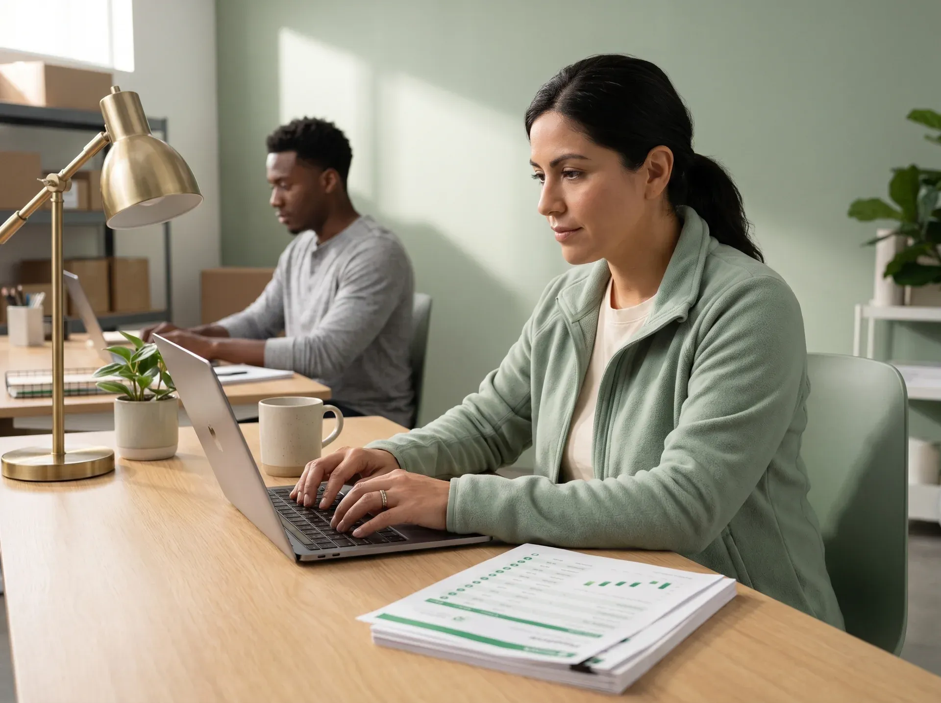 Warehouse operations manager at clean organized desk reviewing healthy unified order management dashboard with all marketplace channels synchronized, calm focused expression, soft sage green light oak environment
