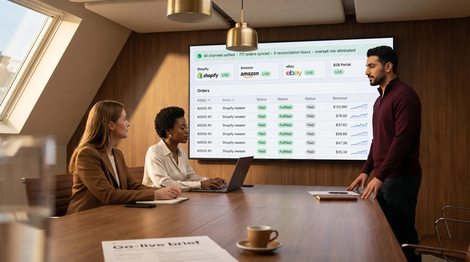 Ecommerce operations team celebrating order synchronization go-live with unified dashboard showing all marketplace channels synchronized live on multiple screens