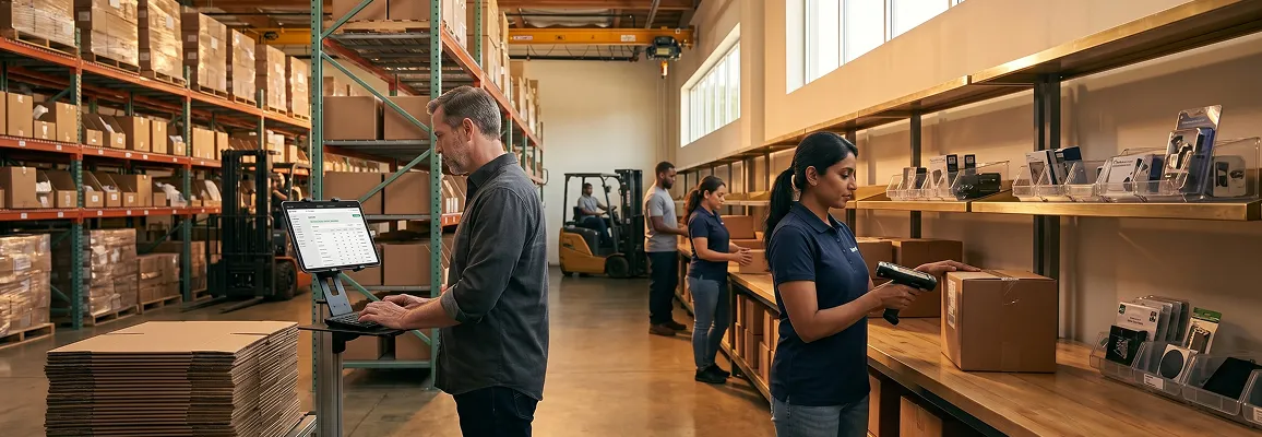 Warehouse operations team scanning inventory on handheld devices with packed shelving in background, natural warehouse light Warehouse operations team scanning inventory on handheld devices with packed shelving in background, natural warehouse light