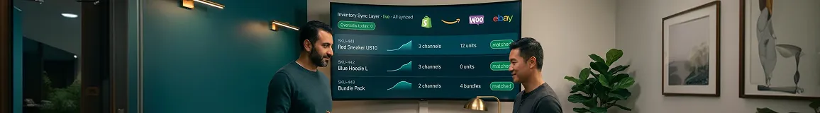 Operations team reviewing live multi-channel inventory sync dashboard showing all channels matched, natural office light Operations team reviewing live multi-channel inventory sync dashboard showing all channels matched, natural office light