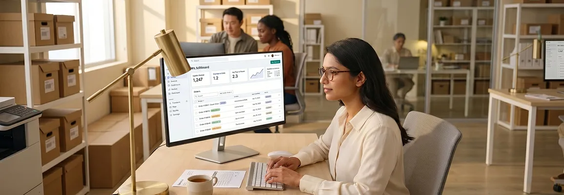 Warehouse operations manager reviewing 3PL fulfillment dashboard at shipping terminal Warehouse operations manager reviewing 3PL fulfillment dashboard at shipping terminal
