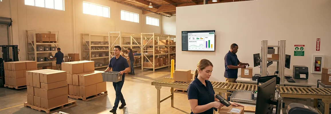 Fulfillment warehouse team actively picking and packing orders across a busy warehouse floor, overhead wide shot showing the scale of operations