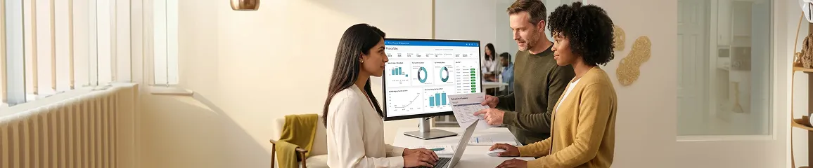 Operations team reviewing unified order-to-fulfillment workflow dashboard after integration, focused at workstations with delivery and inventory data visible