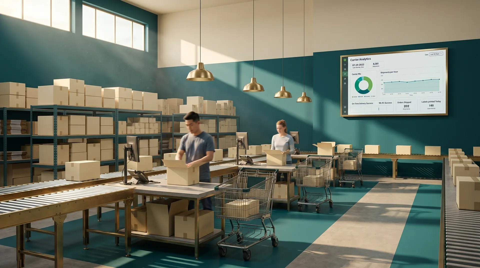 Modern organized fulfillment center with smooth order processing operations running without manual intervention, wide overhead shot