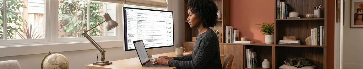 IT professional at desk reviewing complex integration error logs on large monitor with focused and stressed expression, natural office light IT professional at desk reviewing complex integration error logs on large monitor with focused and stressed expression, natural office light