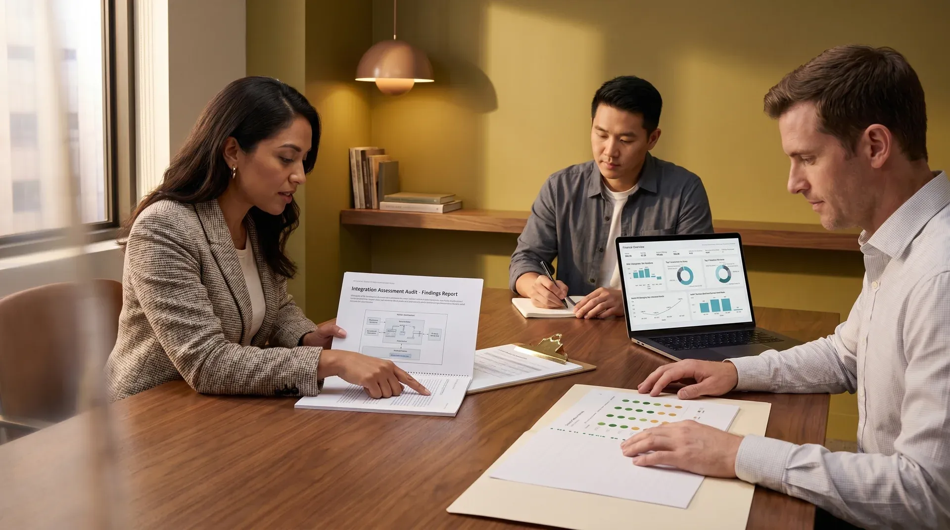 Team reviewing integration assessment audit findings report around conference table, natural light Team reviewing integration assessment audit findings report around conference table, natural light