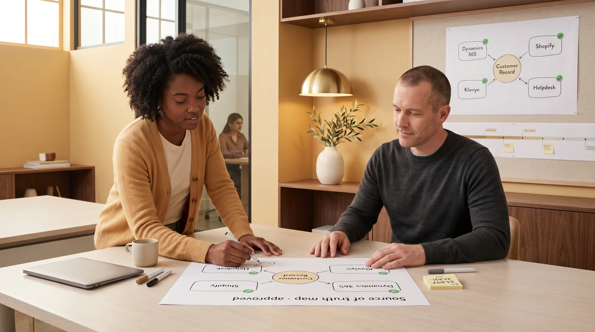 Integration consultants reviewing a customer data synchronization architecture diagram at a conference table, warm indoor light, wide angle, shot from behind Integration consultants reviewing a customer data synchronization architecture diagram at a conference table, warm indoor light, wide angle, shot from behind