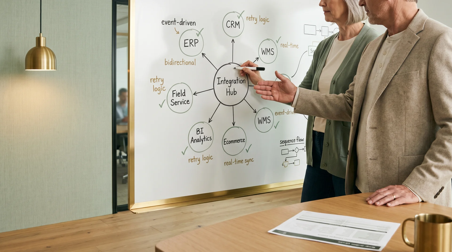 Two enterprise integration architects at a whiteboard reviewing a hub-and-spoke integration architecture diagram Two enterprise integration architects at a whiteboard reviewing a hub-and-spoke integration architecture diagram