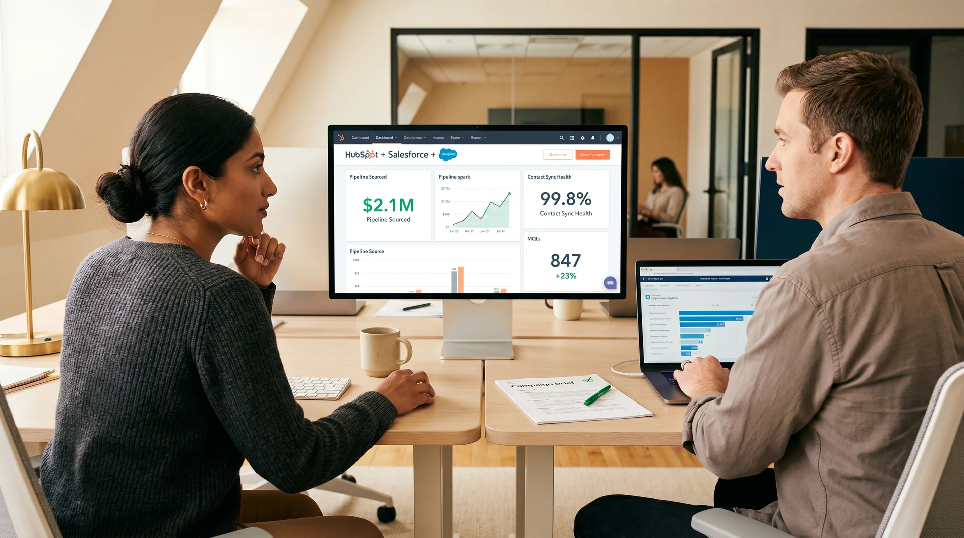 Marketing and sales team members reviewing a unified HubSpot Salesforce dashboard showing marketing attribution and deal pipeline data on the same screen after HubSpot Salesforce integration Marketing and sales team members reviewing a unified HubSpot Salesforce dashboard showing marketing attribution and deal pipeline data on the same screen after HubSpot Salesforce integration