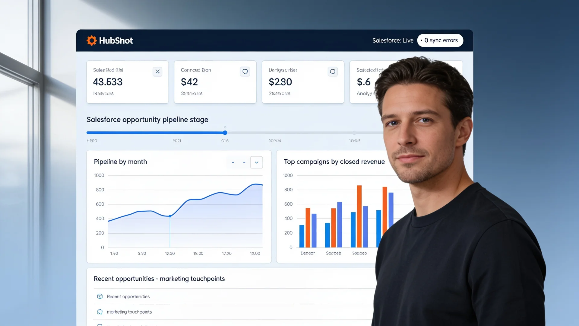 Screenshot of a unified sales pipeline dashboard showing customer relationship management and enterprise resource planning data integrated after HubSpot Salesforce integration, with real-time deal stages and analytics Screenshot of a unified sales pipeline dashboard showing customer relationship management and enterprise resource planning data integrated after HubSpot Salesforce integration, with real-time deal stages and analytics