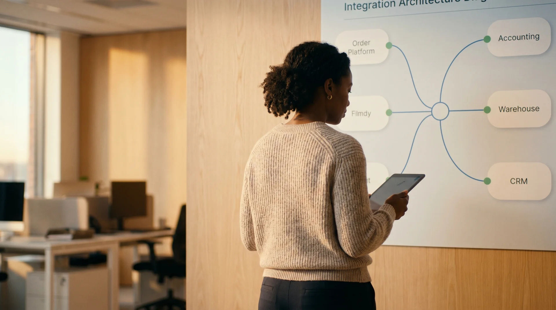 Operations lead reviewing a system integration assessment map across wall screens in natural light