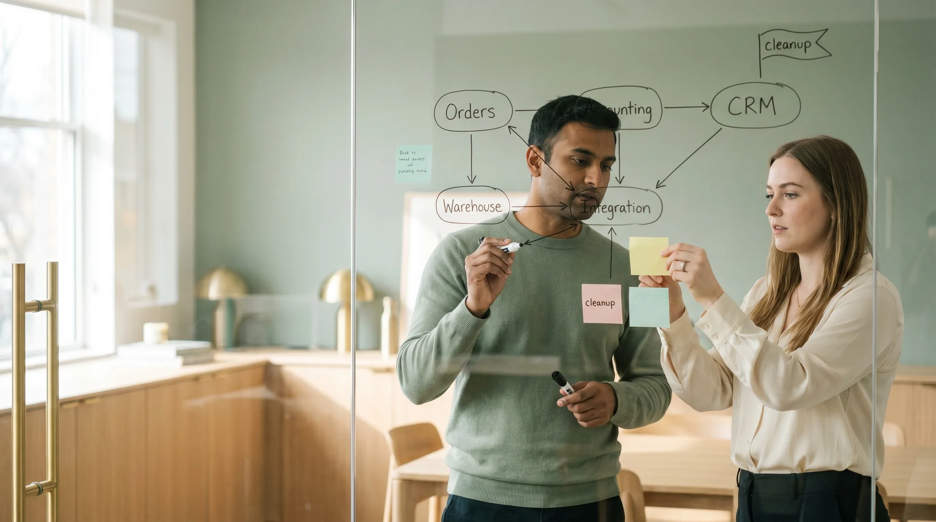 Analysts mapping system connections on a glass board during an integration audit