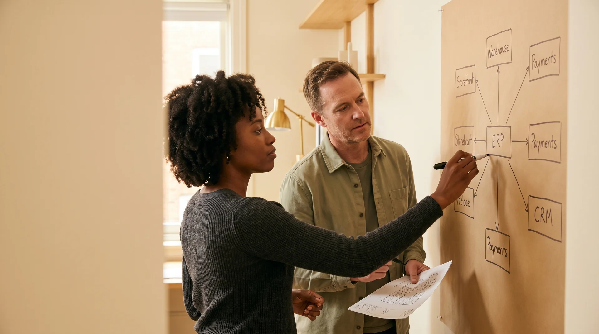 Two integration engineers reviewing a printed system map while planning integration migration services for a client. Two integration engineers reviewing a printed system map while planning integration migration services for a client.
