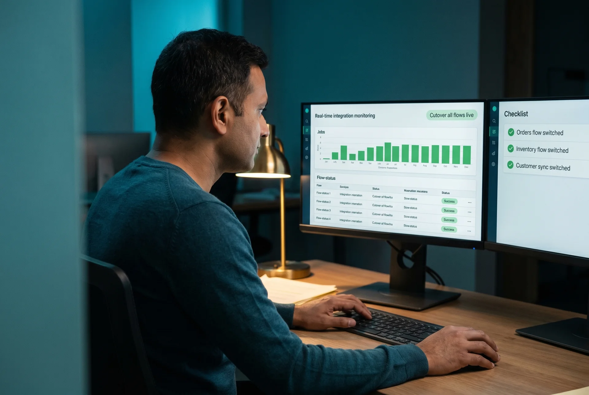 Integration consultant monitoring a live cutover during middleware migration services delivery, viewed over the shoulder at dual monitors. Integration consultant monitoring a live cutover during middleware migration services delivery, viewed over the shoulder at dual monitors.