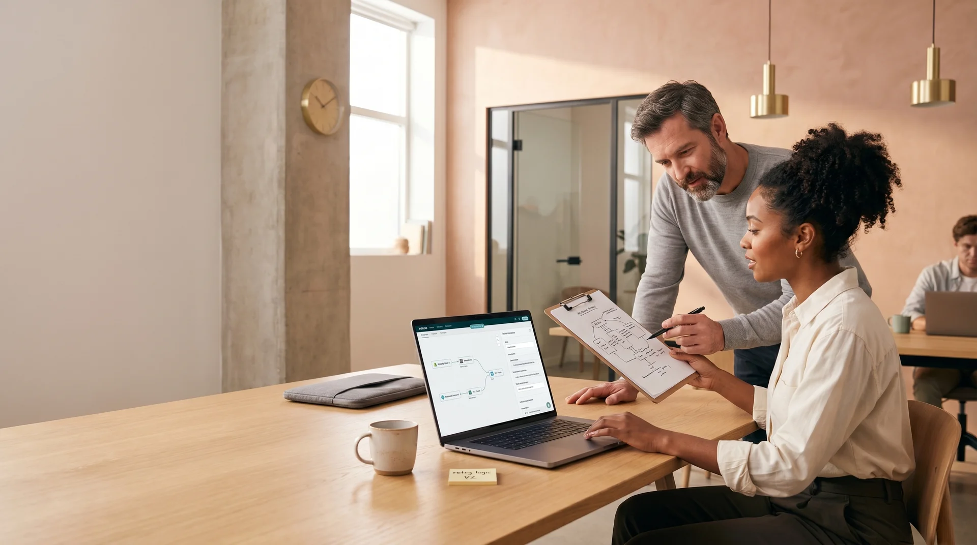 Two integration engineers reviewing architecture documentation collaboratively, seen from behind in a naturally lit office Two integration engineers reviewing architecture documentation collaboratively, seen from behind in a naturally lit office